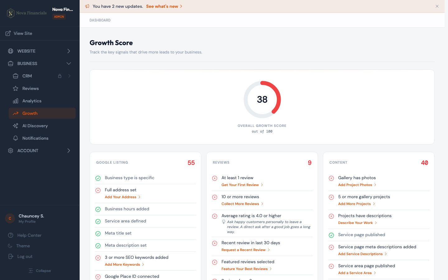 ContractorLink Growth Score dashboard