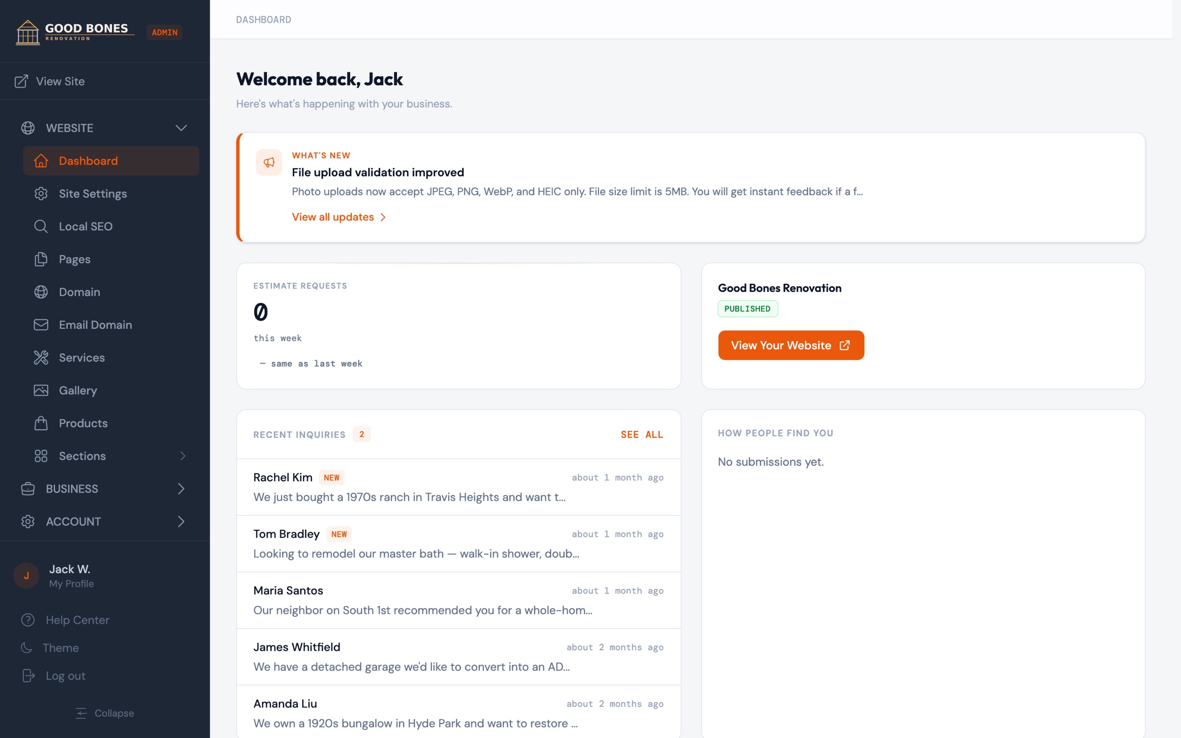 ContractorLink admin dashboard showing leads and recent jobs