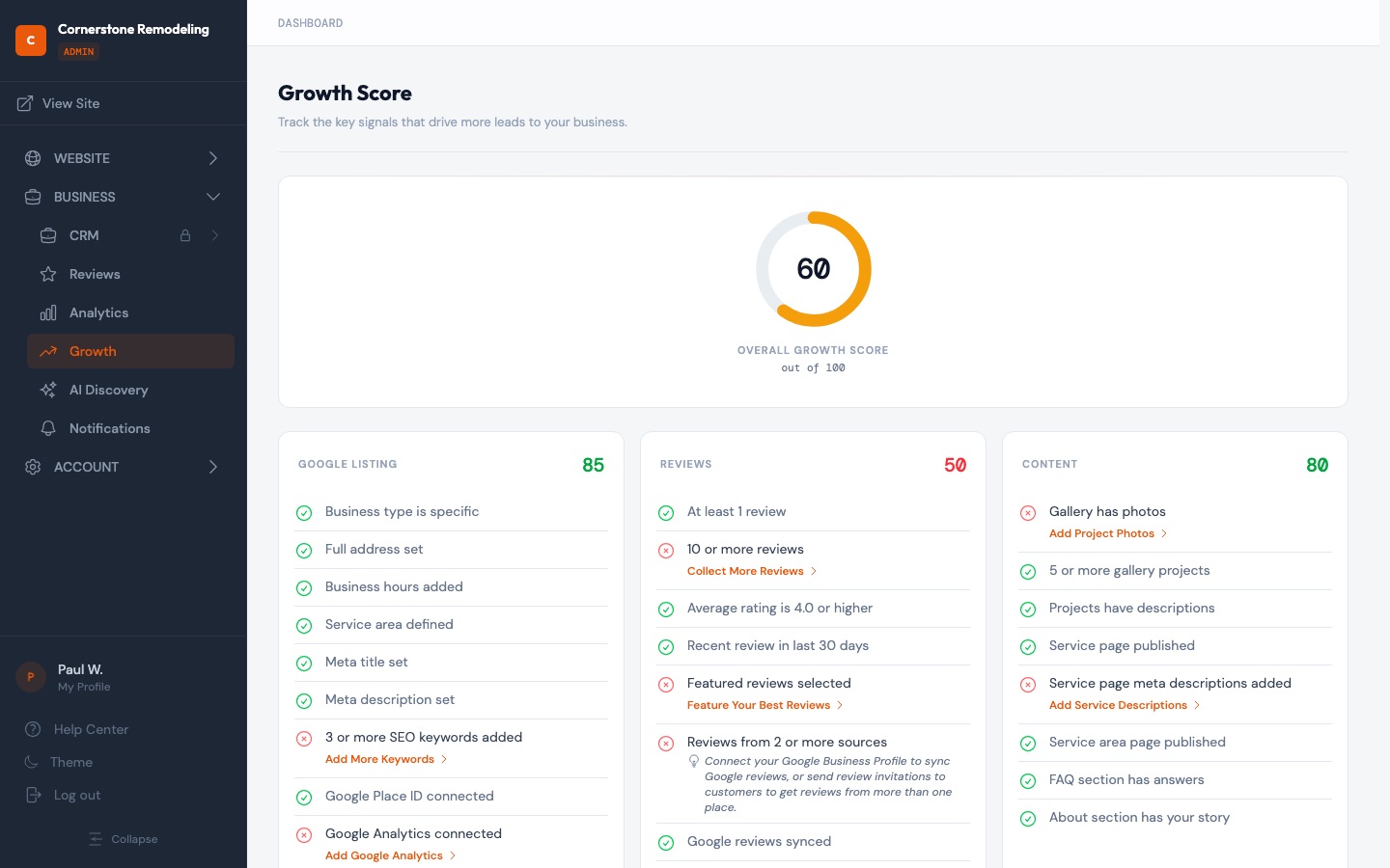 ContractorLink Growth Score dashboard